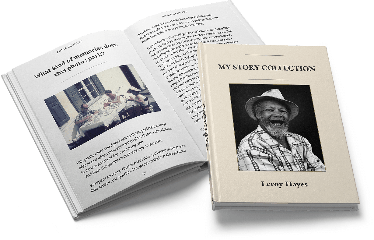 Open Keepsake book showing interior page with text next to a closed hardcover — My Story Collection by Leroy Hayes